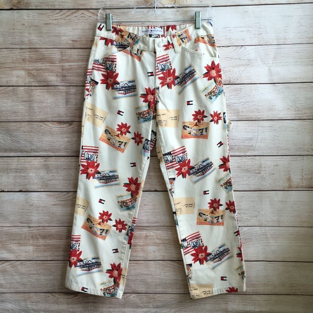 VINTAGE NEW‎ WITH TAGS TOMMY HILFIGER SLIM PAINTER PANTS IN POSTCARD PRINT
